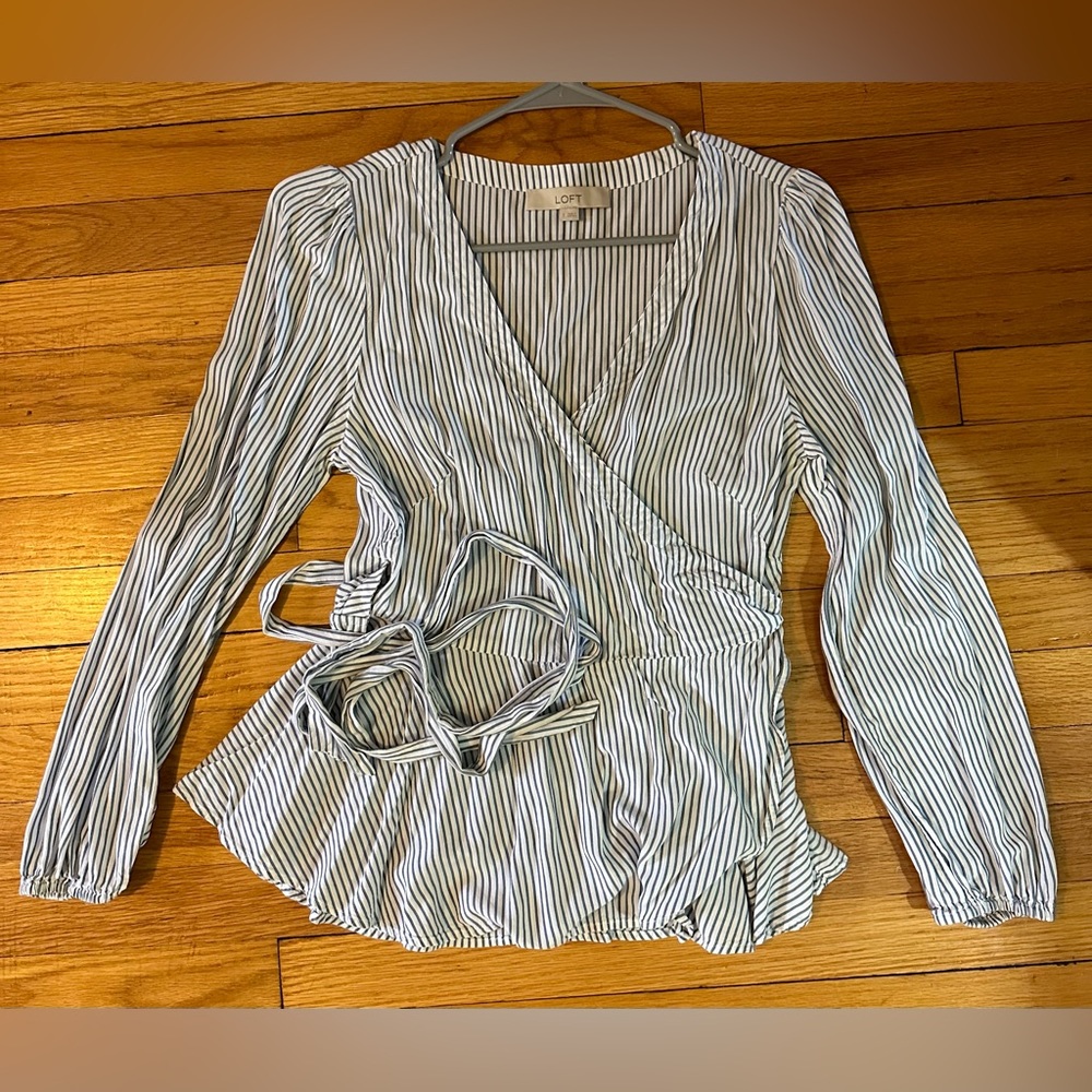 White and navy striped LOFT blouse, size S.